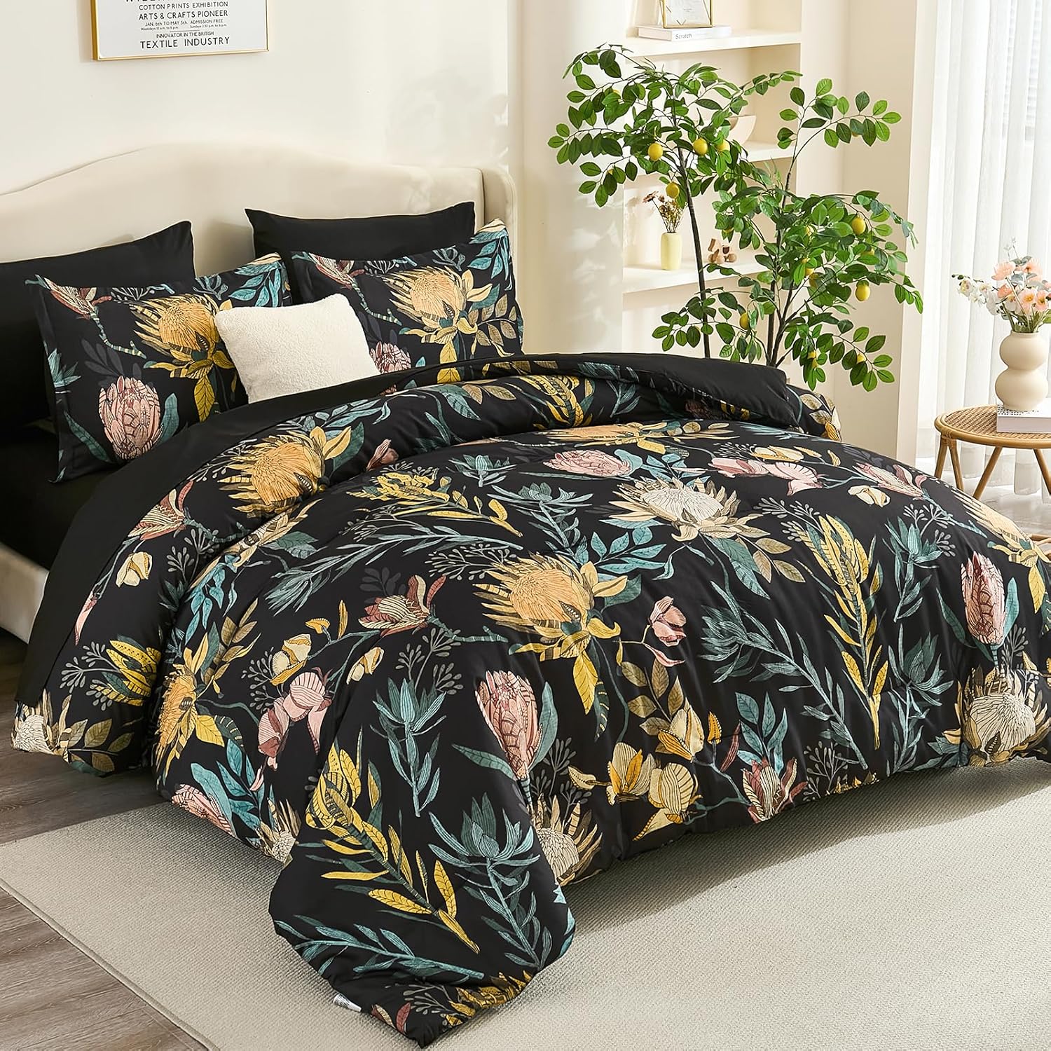Luxudecor Queen Comforter Set 7 Pieces Bedding Sets, Black Floral Comforter and Sheet Set, Soft Microfiber Bed in a Bag for All Seasons (Black,90"x90") - Image 2
