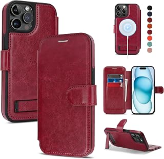 for iPhone 13 Pro Max Wallet Case with Stand,PU Leather Flip Credit Card Holder Slots (RFID Blocking),Compatible with Magsafe Magnetic Holder Phone Cover Women Men,Wine Red