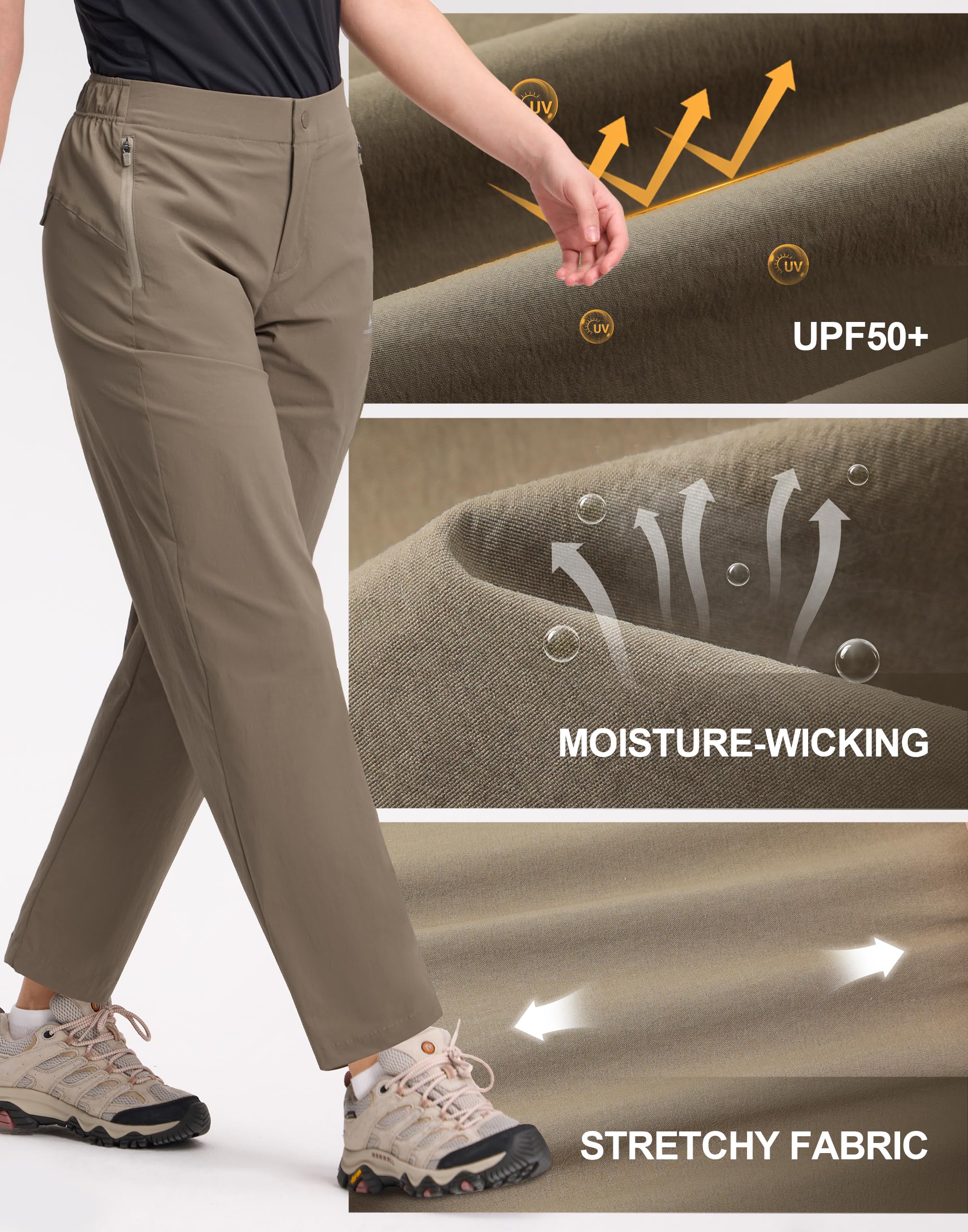 Pioneer Camp Pantaloni da trekking da donna con protezione solare UPF50+, ad asciugatura rapida ed elasticizzata, vita elasticizzata, 2 tasche con cerniera, per estate, trekking, campeggio, viaggi