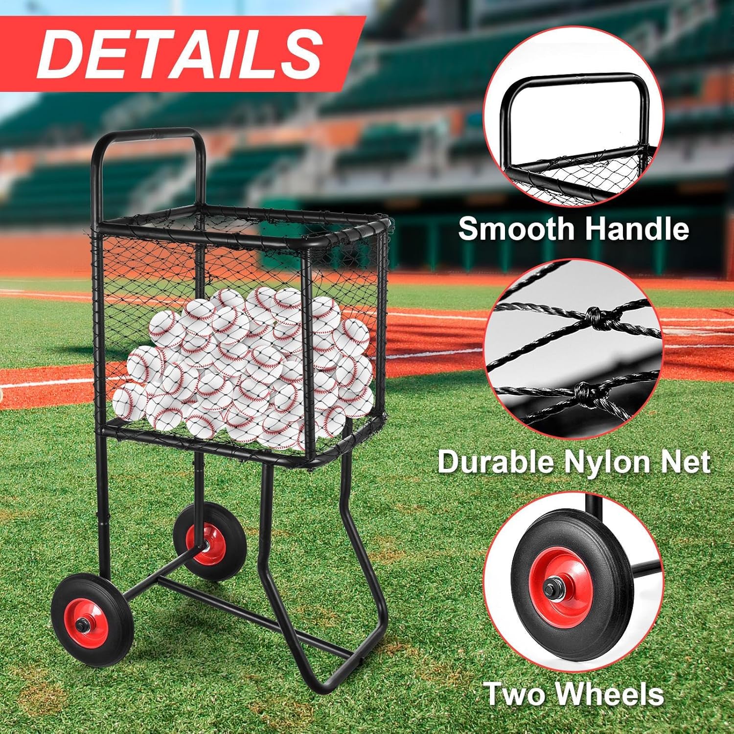 Baseball Cart with Wheels | Large Capacity Softball Caddy | Holds Up to 300 Baseballs Or 150 Softballs | Heavy Duty Powder Coated Steel Frame | 22x24x45 Inch Ball Storage Rack for Gym Field School