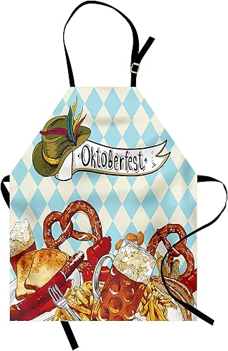 Lunarable Delantal de Oktoberfest, pretzel de pan, carnaval, fiesta, alemania, ilustración alegre del festival, babero de cocina unisex con cuello