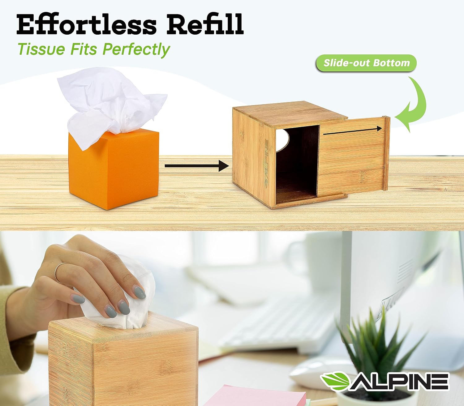 Alpine Industries Wooden Bamboo Square Tissue Box Cover - Eco Friendly Pull Cube Dispenser - Decorative Holder/Organizer for Bathroom, Office Desk & Car (Bamboo),405-BMB