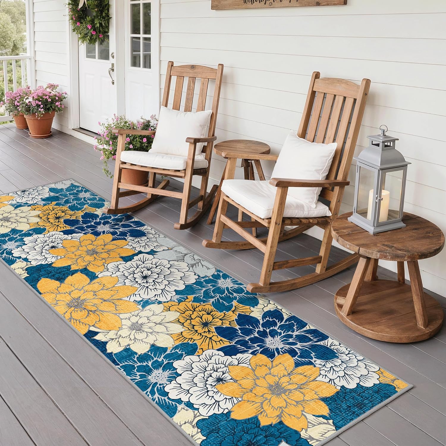 GENIMO 2’x10’ Indoor Outdoor Runner Rug for Hallway, Washable Waterproof Bedside Rugs, Non-Slip, Floral Mat Carpet for Patio, Living Room, Bedroom, Balcony, Kitchen, Deck, Porch, Navy Blue