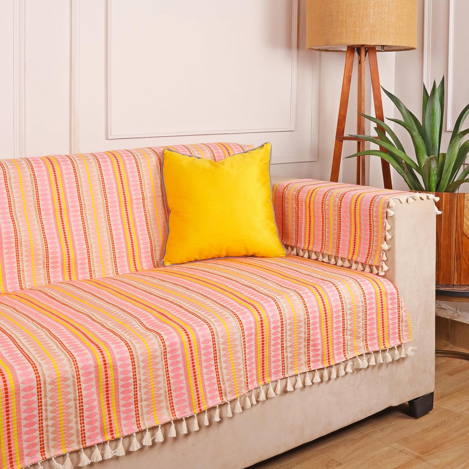 STITCHNEST Woven 3 Seater Sofa Protector with 2 Hand Rest Covers – Pink & White Stripe Design – Washable Fabric with Tassels – Stylish Sofa Cover for Modern Living Room & Furniture Décor STITCHNEST Woven 3 Seater Sofa Protector with 2 Hand Rest Covers – Pink & White Stripe Design – Washable Fabric with Tassels – Stylish Sofa Cover for Modern Living Room & Furniture Décor