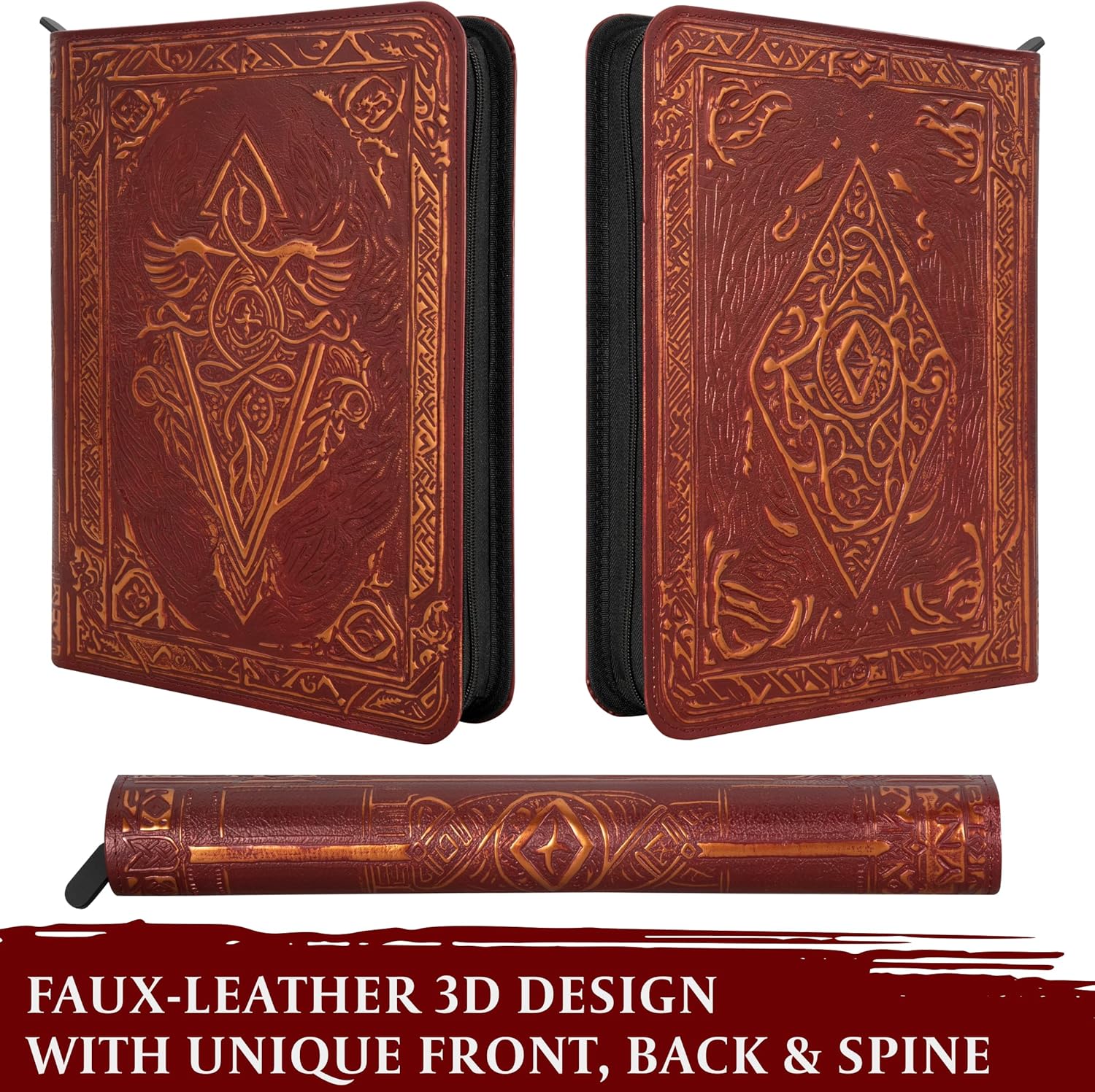 Trading Card Binder - 9 Pocket Album w Zipper - 360 Side Loading Folder for TCG - 3D PU Leather - For MTG, Disney Lorcana Trading Card Game, Magic The Gathering, Pokemon - Book Accessories Gift - Red