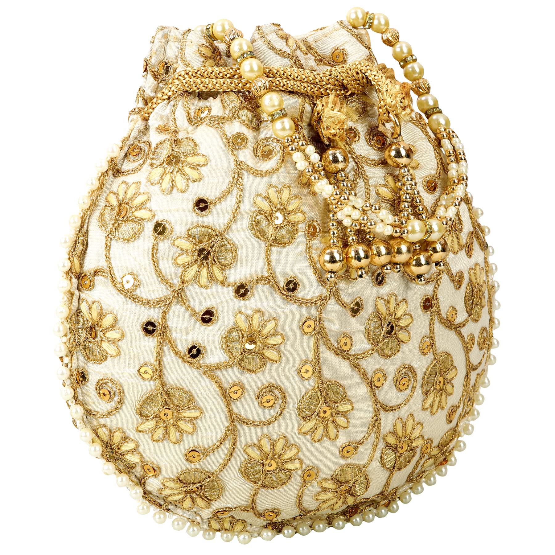 LA REAT Raghba Womens Embroidered Satin Silk Golden Potli Bag Pearl Handle with Drawstring Closure and Tassels, Gold White - 9 x 9 inch (B0CZF2SXBS) Amazon Price History, Amazon Price Tracker