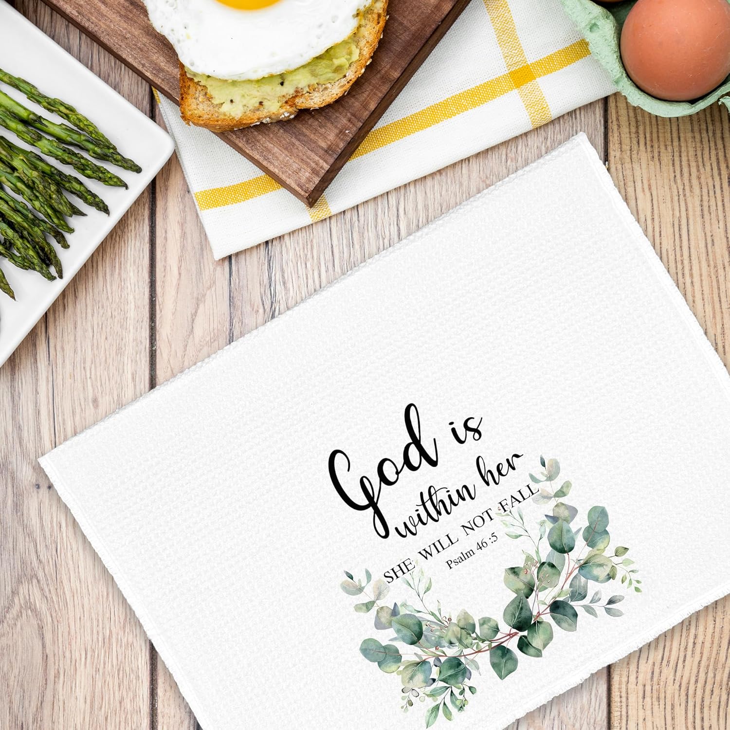 Christian Eucalyptus Leaf Kitchen Towels, Bible Verse Scripture God is Within Her Hand Towels for Bathroom, Botanical Rustic Decorative Dish Towels Decor for Kitchen 16x24in - Image 6