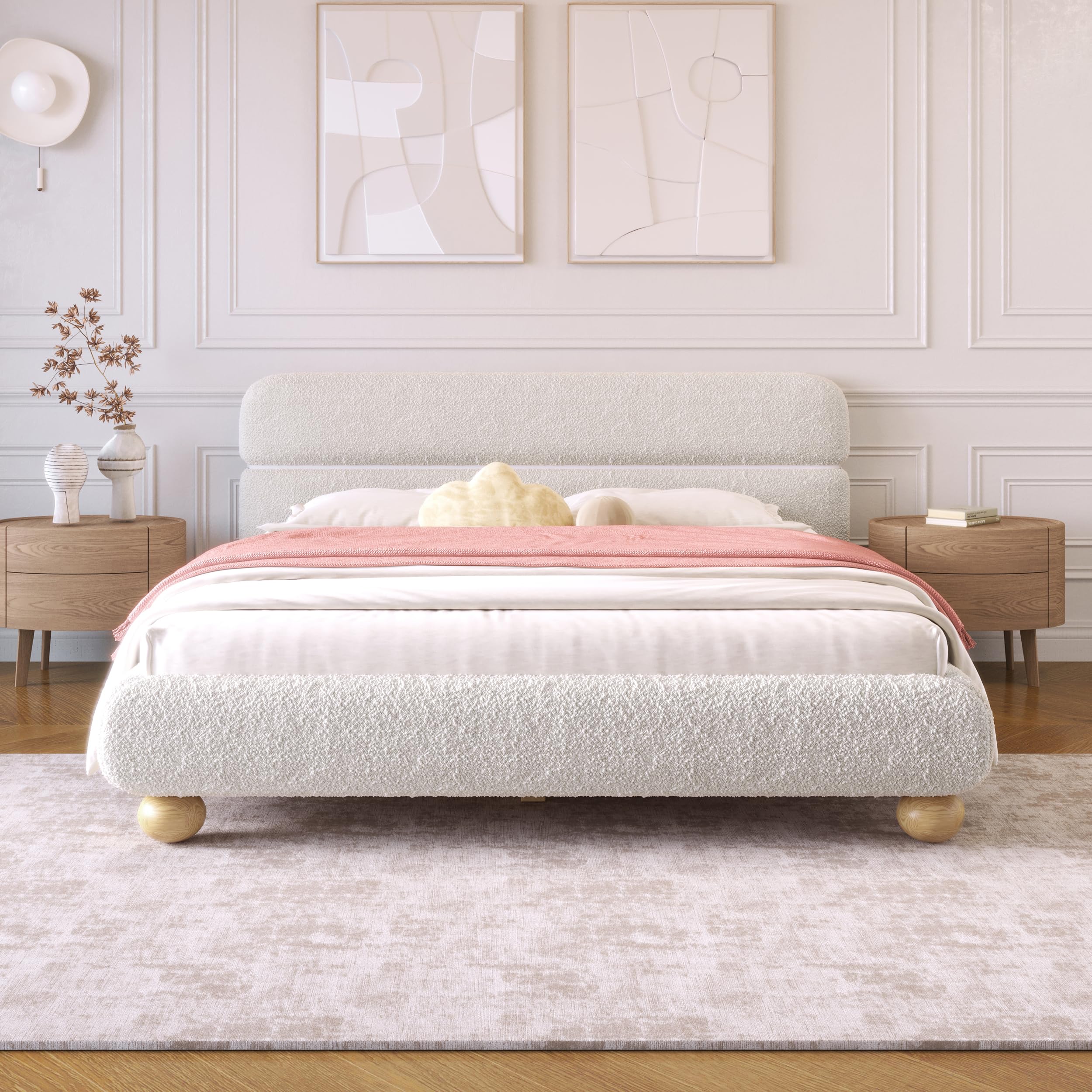 (incomplete box 1/2) queen size upholstered platform bed with teddy fleece boucle fabric and solid round legs stylish curve-shaped design, contemporary upholstered bed for kids teens adult bedroom