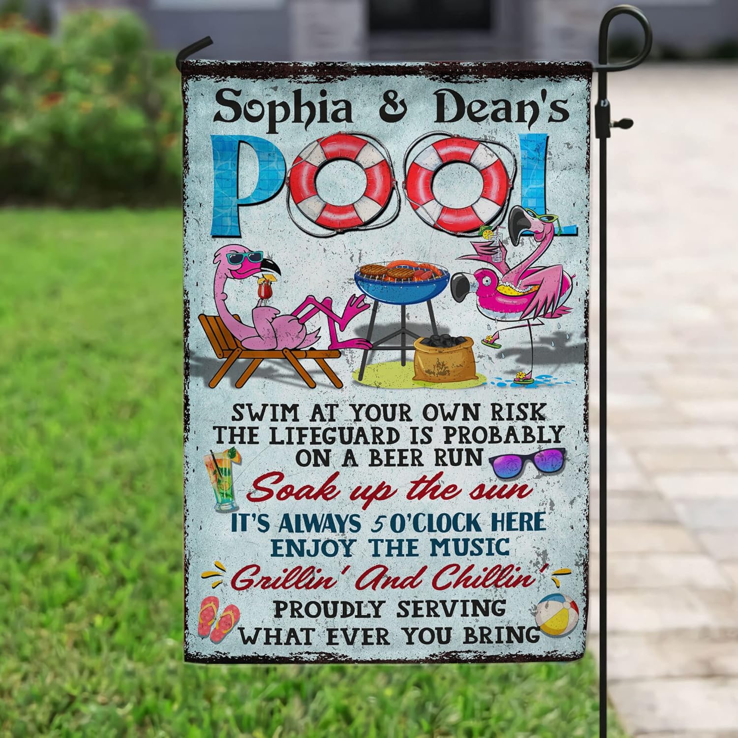 V VIBEPY-Personalized Pool Rules Pool Flags 28 x 40 Double Sided,Flamingo Family Grilling Swim At Your Own Risk Double Sided Burlap 12x18Inch, Double Sided Flag, Yard Flag, Family-Summer Gift, Yard Decor (DS 06)