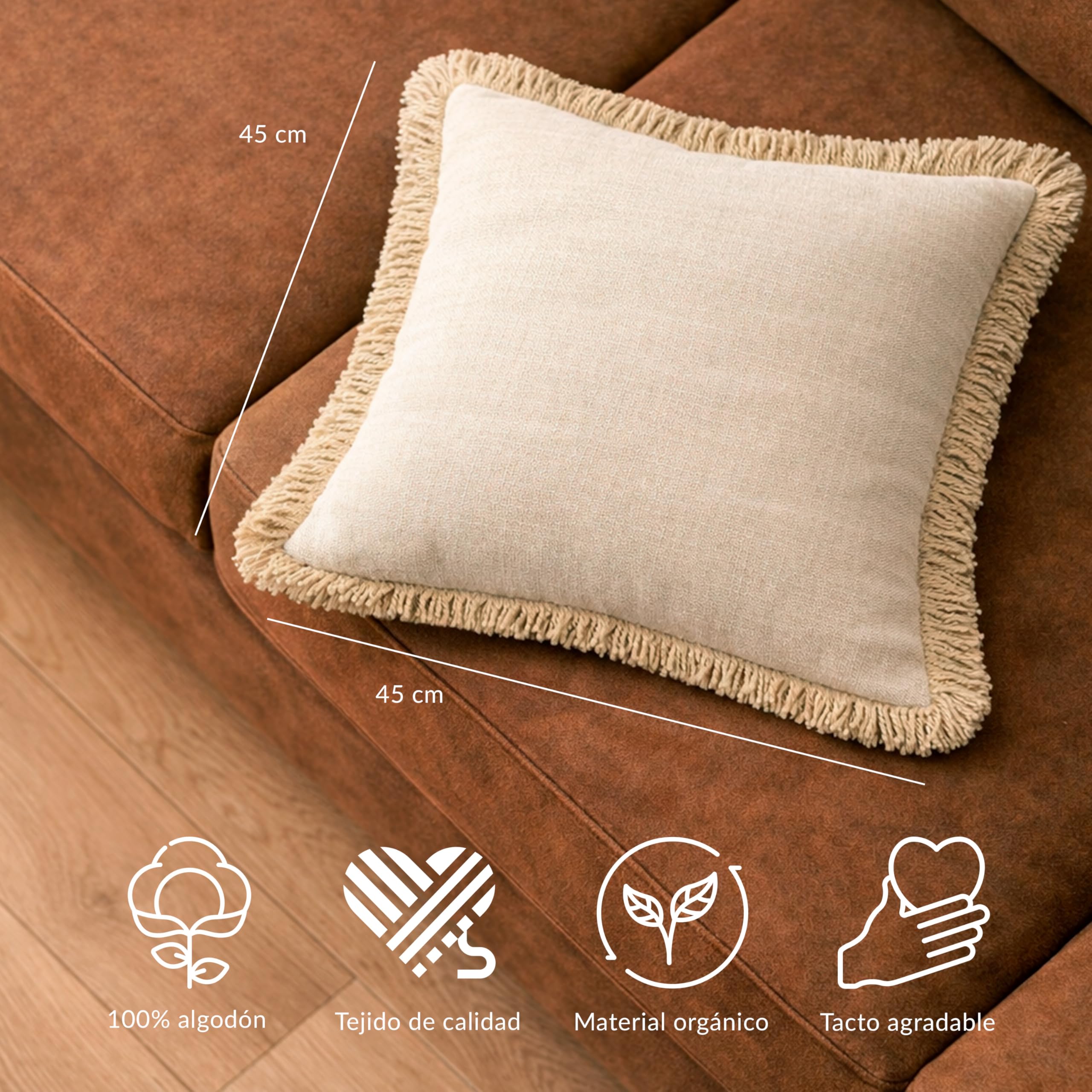 Fundas de Cojín Boho 45x45 cm de Algodón con Flecos Beige – Estilo Mediterráneo Natural Rústico – Decoración para Sofa Cama Salon Dormitorio Algodon – Blanco Roto 2 Unidades