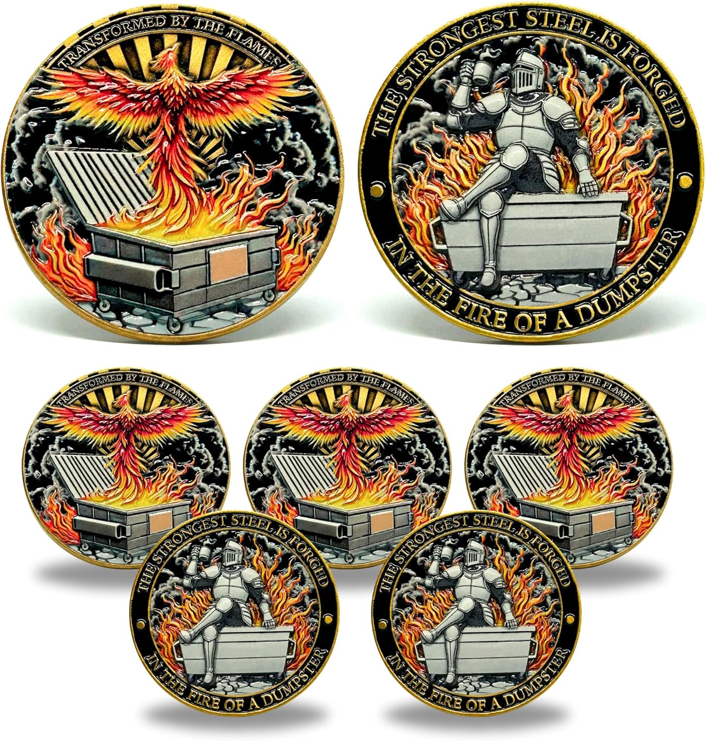 Dumpster Fire Challenge Coin - Phoenix & Knight Design - Transformed by The Flames & Strongest Steel Forged in Fire - Funny Accessories - Inspirational Gifts for Men, Women, Coworkers (5 Pcs)