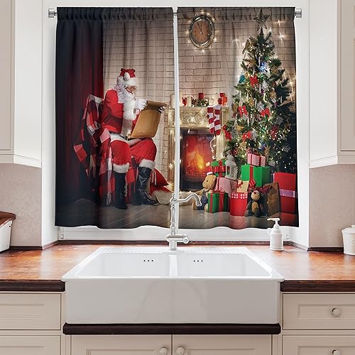 Miniatura 2 de Ambesonne Cortinas de cocina de Papá Noel, viejo Papá Noel sentado en casa en la noche de Navidad, leyendo una carta cerca del árbol, juego de 2