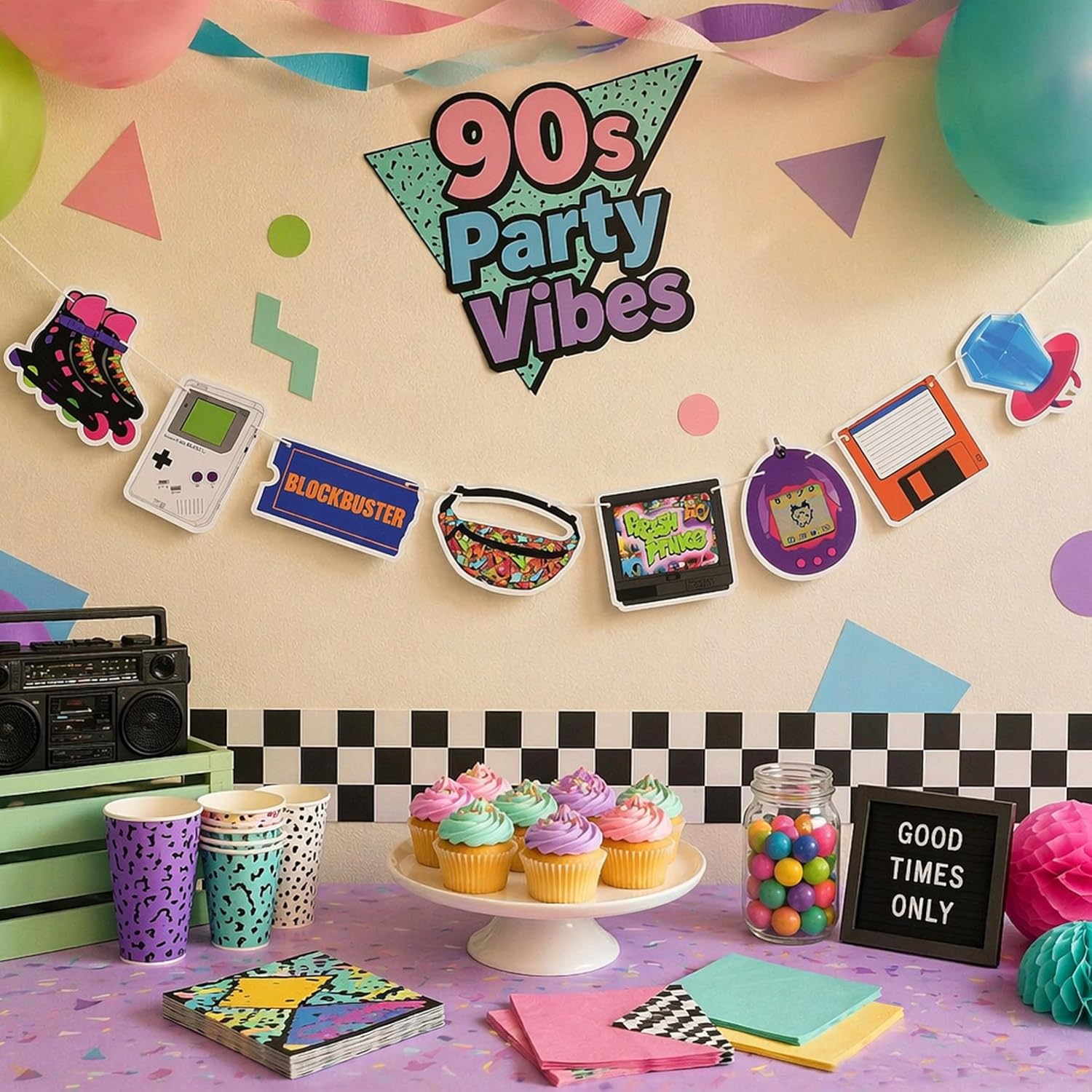 Retro 90s Party Garland - I Love the 90s Decorations, Vintage Pop Culture Banner featuring Tamagotchi, Gameboy, Floppy Disk & Roller Skates, Back to the 90s Theme Party Supplies & Wall Decorations