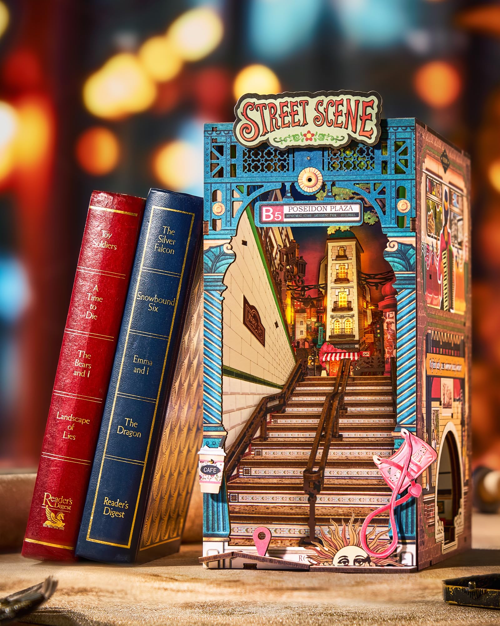 Rolife Book Nook Street Scene, Kit Casa Miniatura DIY con Luci, Booknook per Adulti da Costruire, Supporto per Libri in Legno 3D da Collezione & Decorazione per Libreria, Regali di Compleanno e Natale