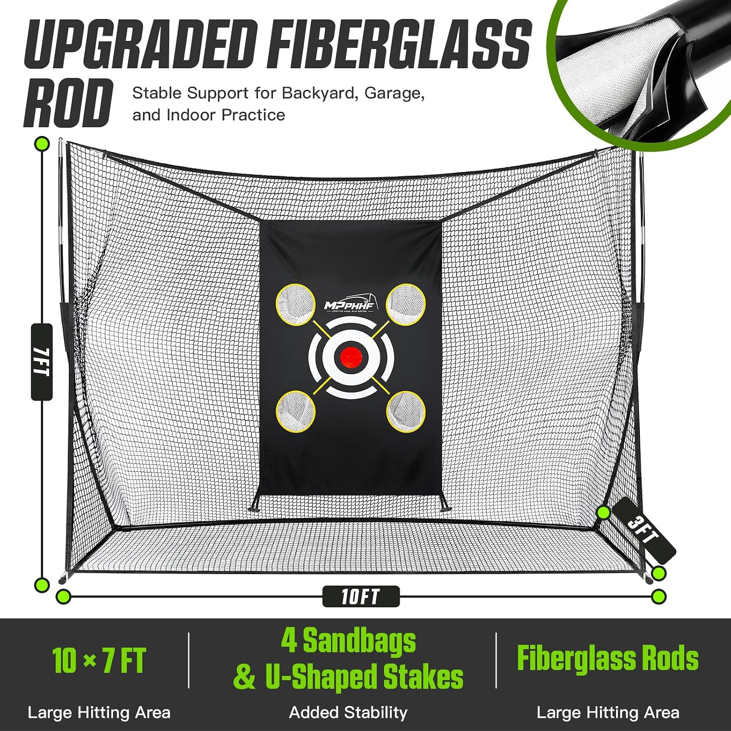 Golf Practice Net 10x7FT for Real Golf Balls, Heavy Duty Backyard Garage Indoor Outdoor Hitting Net with Quiet 4-Pocket Target Cloth, 4 Empty Sandbags, U-Shaped Stakes and Carry Bag thumbnail