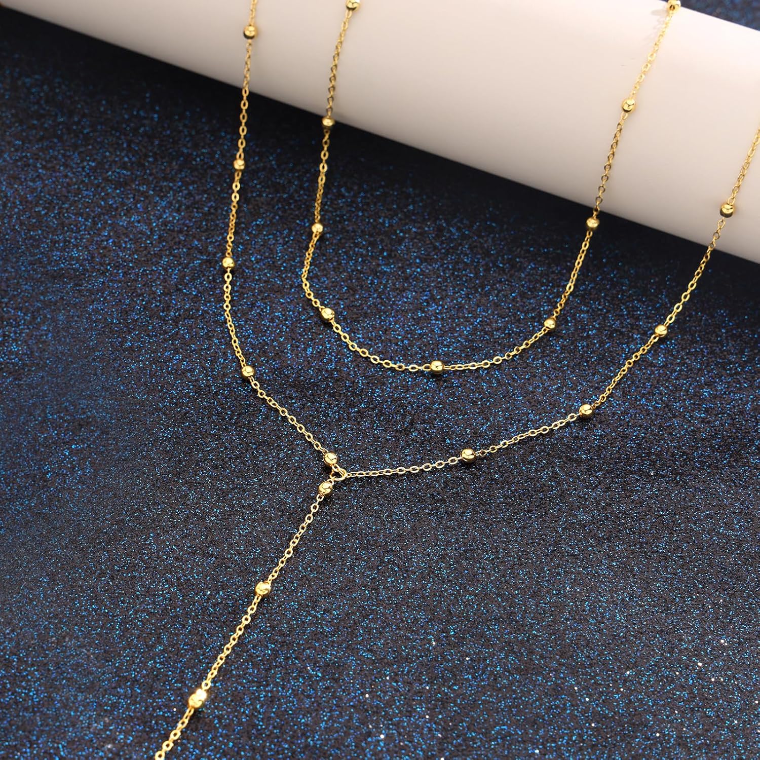 Lariat Gold Necklace for Women, Dainty Long Necklace 14k Gold Plated Y-Shaped Pendant Necklace Trendy Layered Beaded Chain Drop Necklaces Simple Gold Jewelry For Women Gifts - Image 5