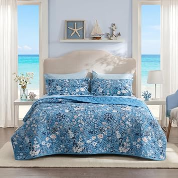 Bedsure Summer Quilt Queen Size - Lightweight Floral Comforter Queen Size, Blue and White Bedspread Quilted Bedding, Reversible Soft Microfiber Coverlet for All Seasons 90"x96"
