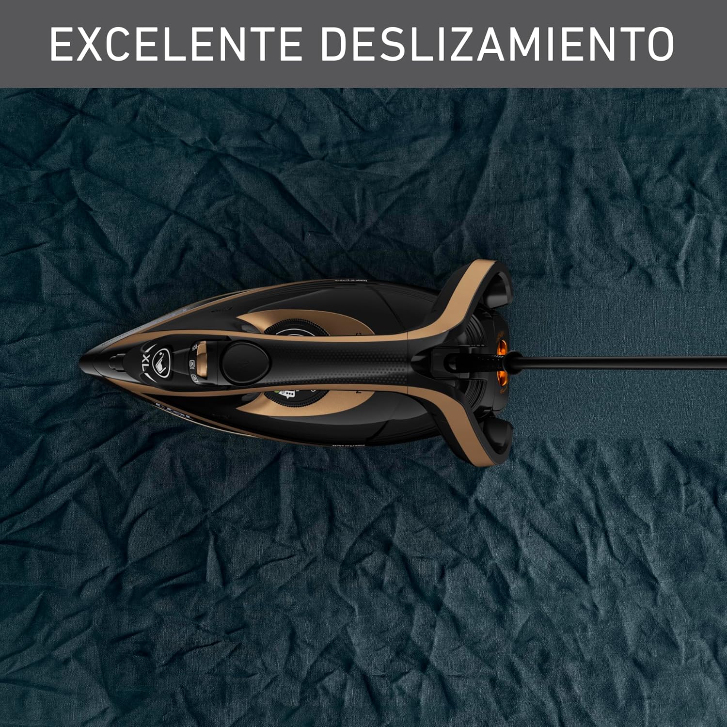 Bawah view of the T-fal Puregliss Durilium Autoclean soleplate, highlighting its design for preventing calc stains and producing filtered steam.