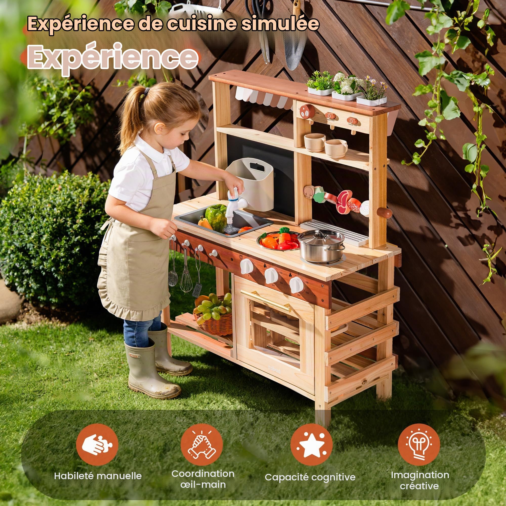 ROBUD Cuisine en Bois pour Enfants, Cuisine d'extérieur avec véritable évier, cafetière, Barbecue, Four et Tableau Noir, Jouet de Cuisine pour Jeux de rôle avec Accessoires, pour garçons et Filles 3+