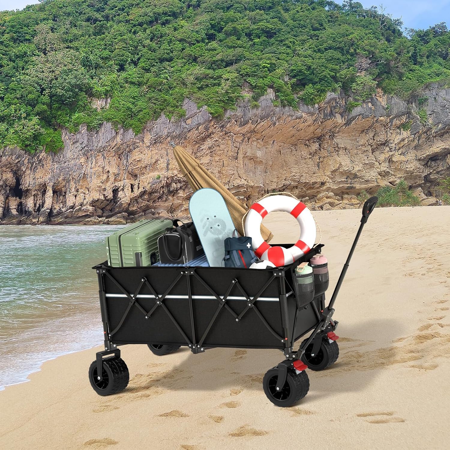 ROSONG Chariot de Plage Pliable-Chariot de Jardin 4 Roues Tout Terrain avec Freins Charrette de Transport Grande Capacité 260kg pour Camping, Courses, Extérieur, Noir