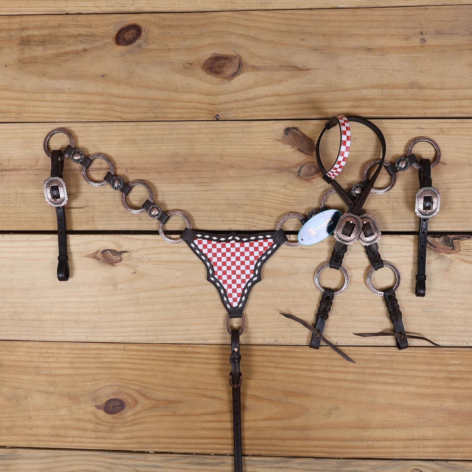 Western Leather Headstall and Breast Collar Tack Set, Orange & White Finish Line Print with Braided Leather, Short Fringe & Buck Stitching, Gladiator Style, Full Average Size Horse