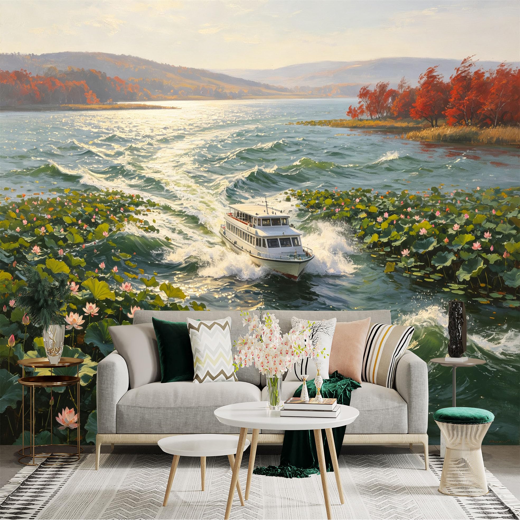 Custom Size Wall Sticker Mural， Scenic Cruise Boat on River， Vibrant Autumn Foliage and Lotus Leaves， for wall Decoration， peelandstick wall Decals.