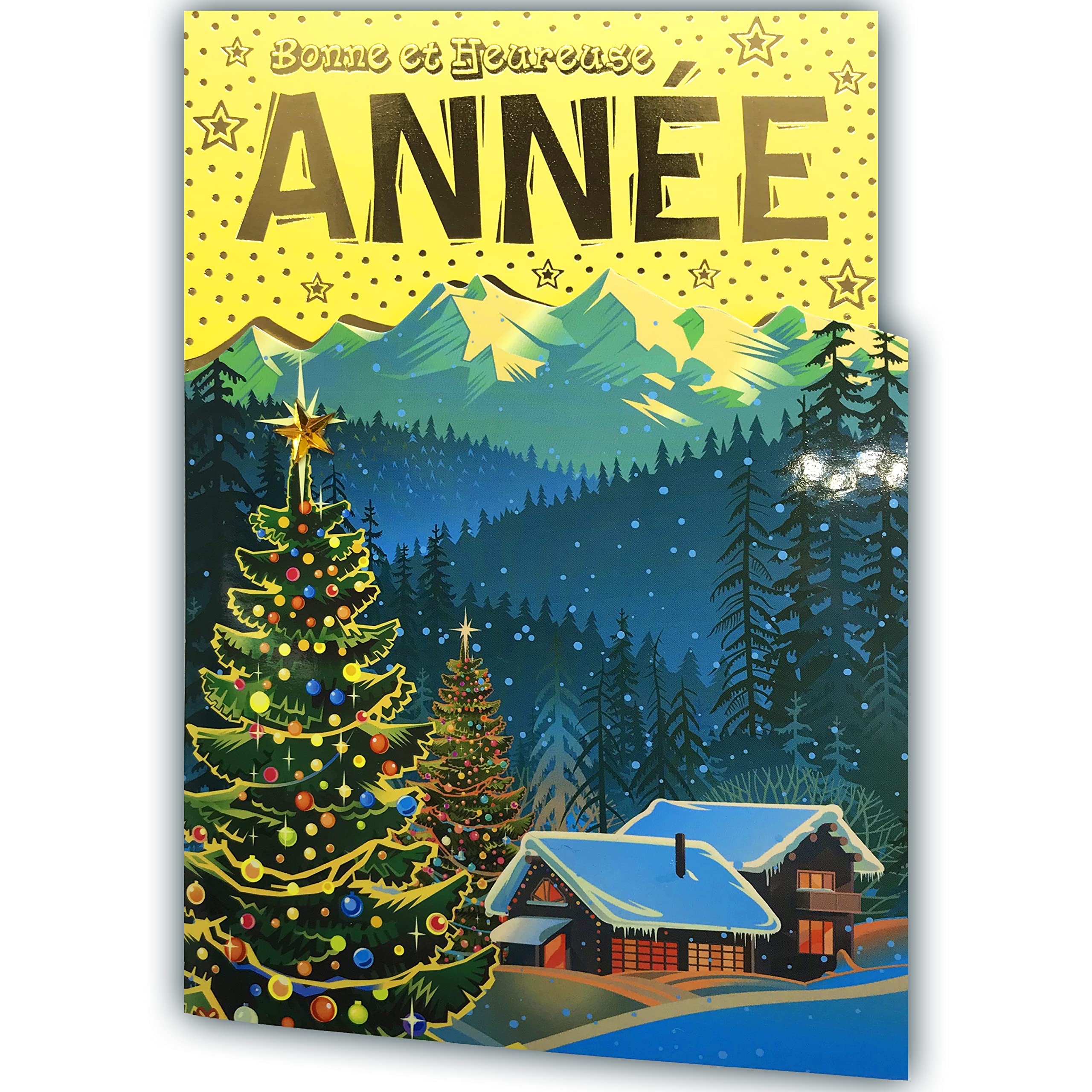 LOT10-61-4071-B BA Set of 10 Cards + 10 Envelopes - Golden Happy New Year Mountain Cut Out Star Collage, multi-coloured