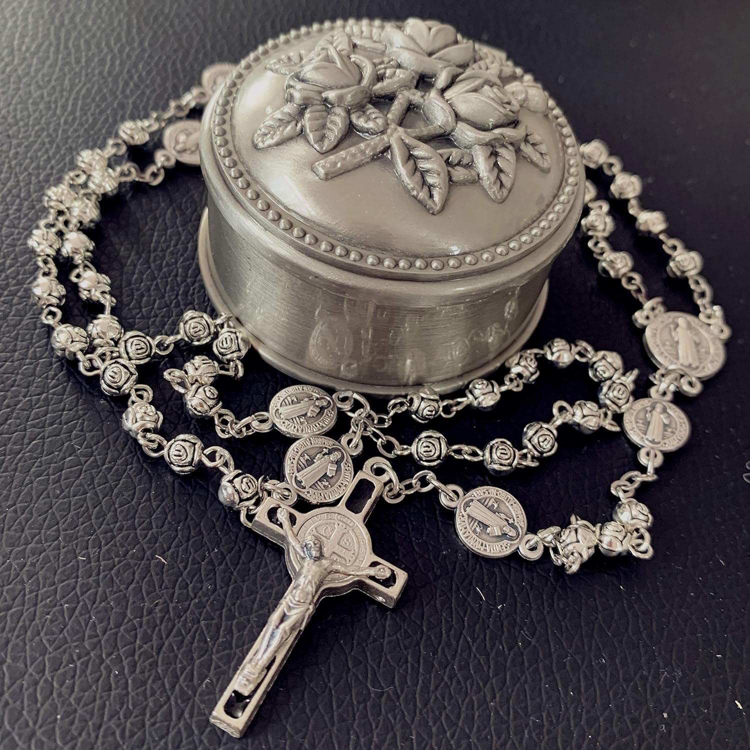 elegantmedical Handmade Silver Rose Beads St. Benedict Rosary Catholic Necklace Crucifix Cross Jerusalem - Image 7