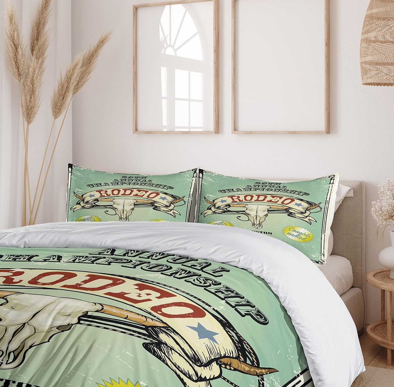 Ambesonne Western Duvet Cover Set, Retro Style Rodeo Championship Poster Bull Skull Large Horns with Banner Grungy, Decorative 2 Piece Bedding Set with 1 Pillow Sham, Twin Size, Seafoam Charcoal Twin Seafoam Charcoal