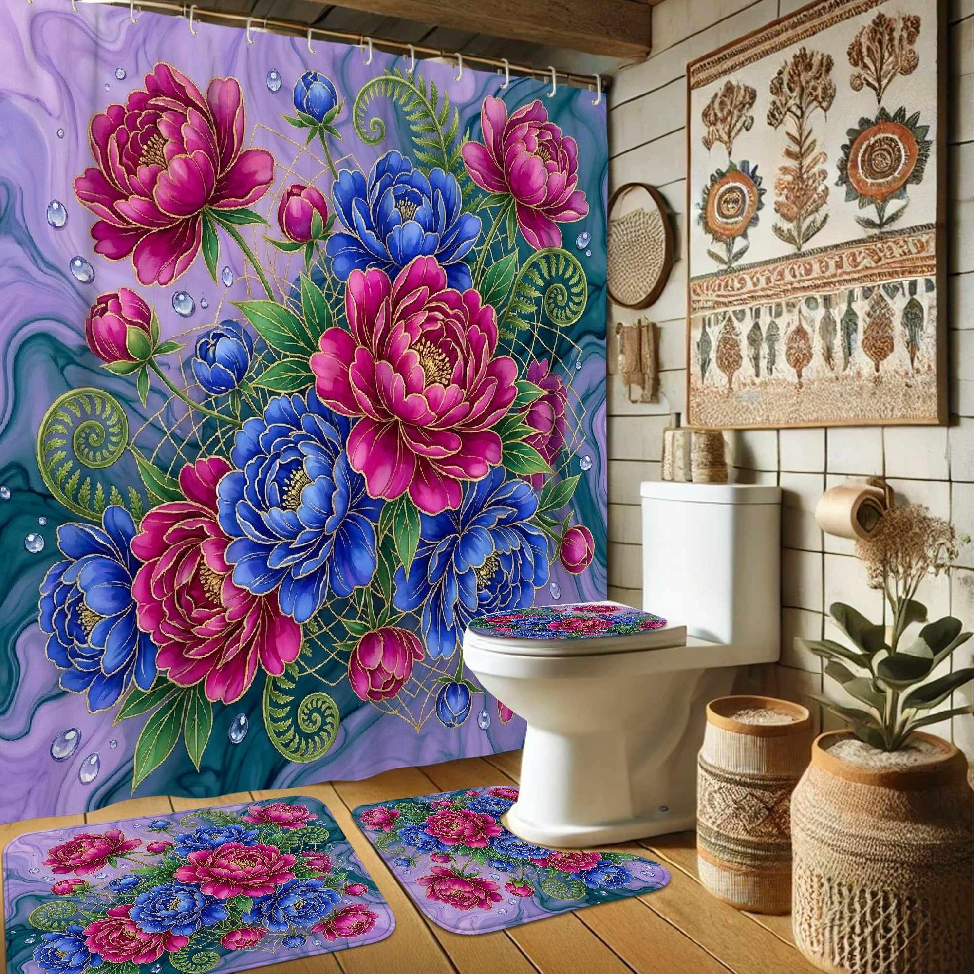 Rideau de douche imperméable anti-éclaboussures motif pivoine 183 x 183 cm