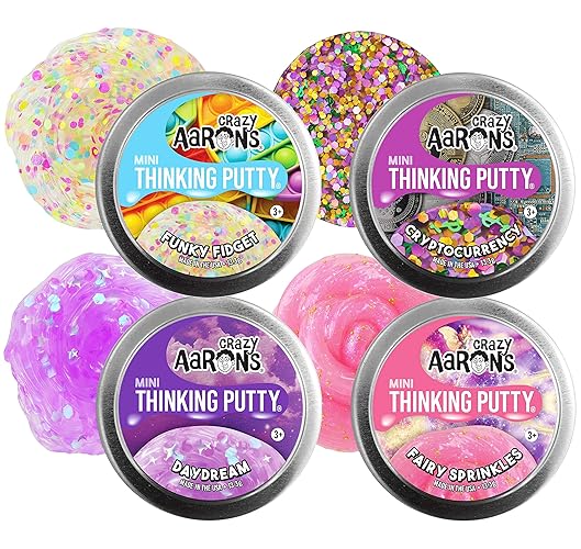 Matty's Toy Stop Crazy Aaron's Putty Mini Tins Funky Fidget, Daydream, Cryptocurrency & Fairy Sprinkles Gift Set Bundle - 4 Pack (13.3g Each)