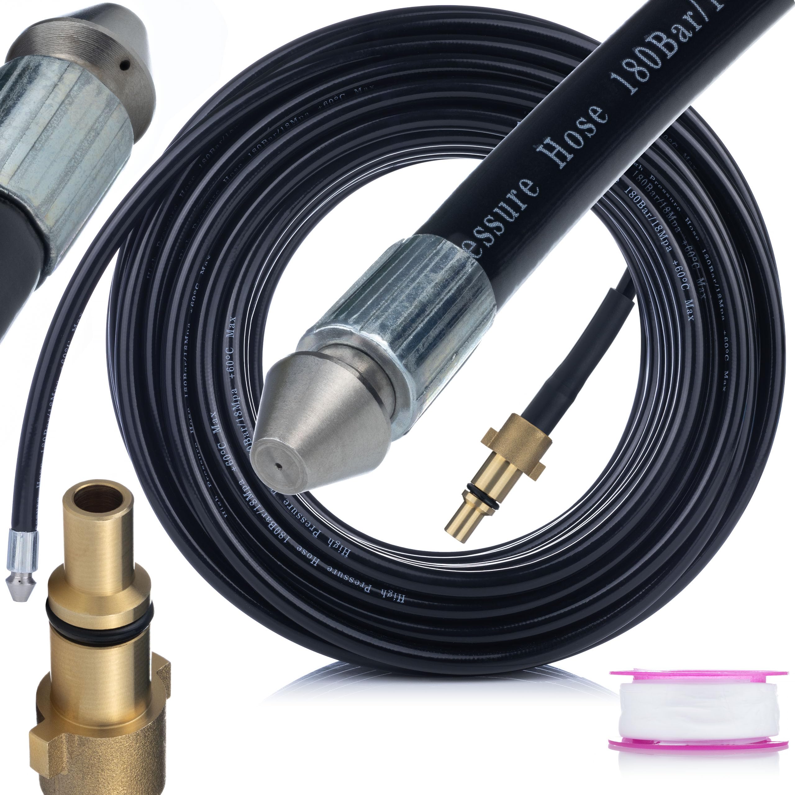 Rosfix Black Pipe Cleaning Hose 20 M Compatible With Nilfisk, Lavor, Stihl | 160 Bar | 1+3 Nozzle |