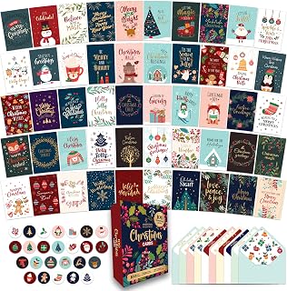 Decorably 100 Pack Foiled Glitter Christmas Cards with Envelopes & Stickers - 100 Unique 6x4 Designs, Printed Messages for Holiday Greetings