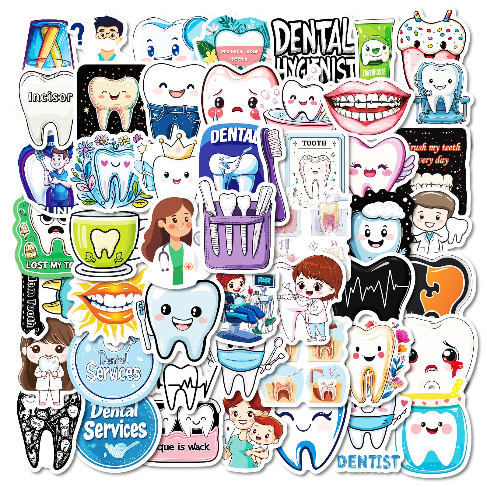 Tuyatezhi Girls Multicolor 50 Pcs Dentist Stickers For Children Teens Boys,Dental Surgeon Stickers For Laptop Water Bottles,Bicycle,Skateboard,Computer,Waterproof Vinyl For Wall, Graffiti Stickers