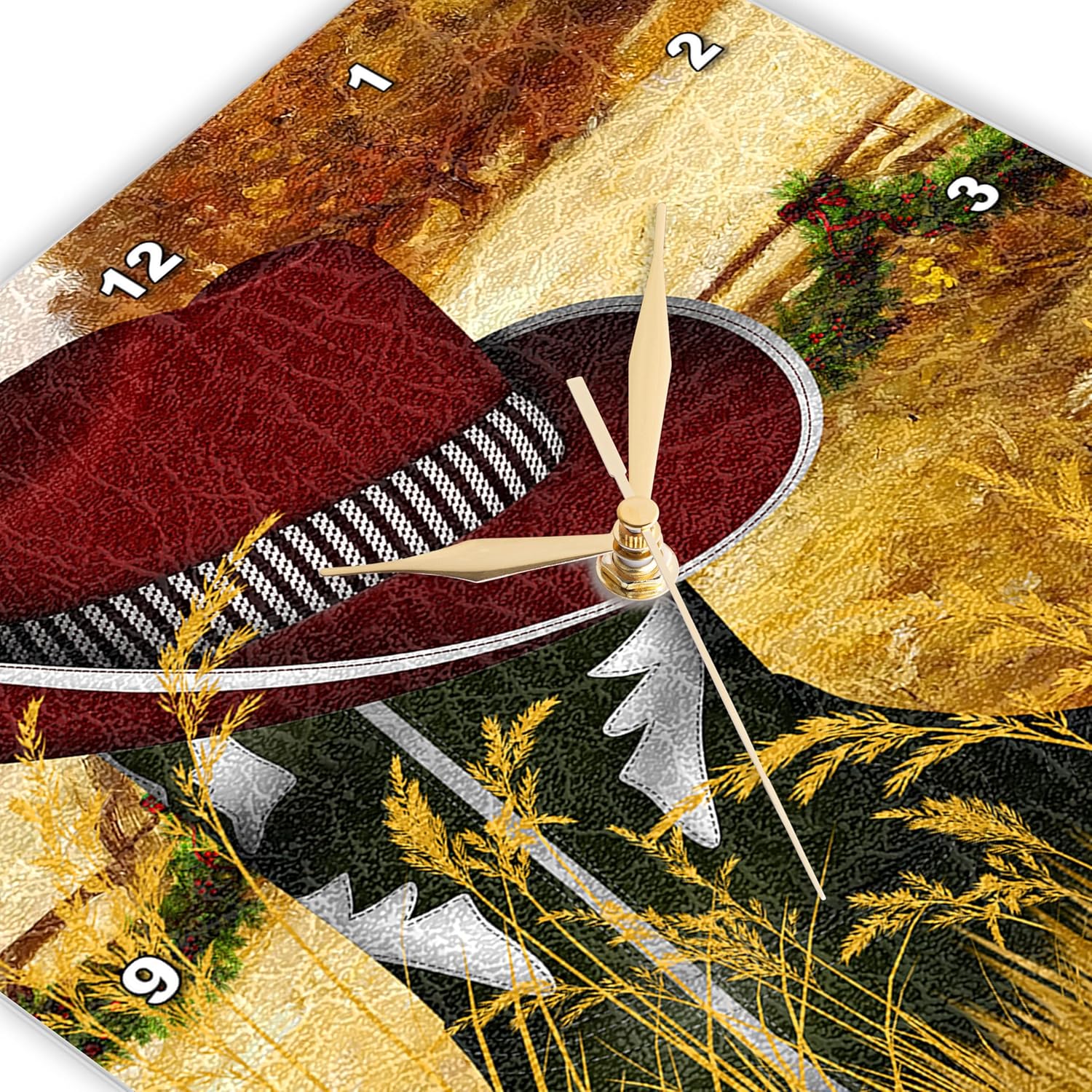 3dRose Wall Clock Silent - 13 inch - Western Green Cowboy Boot with a red Cowboy hat for Christmas. - Western