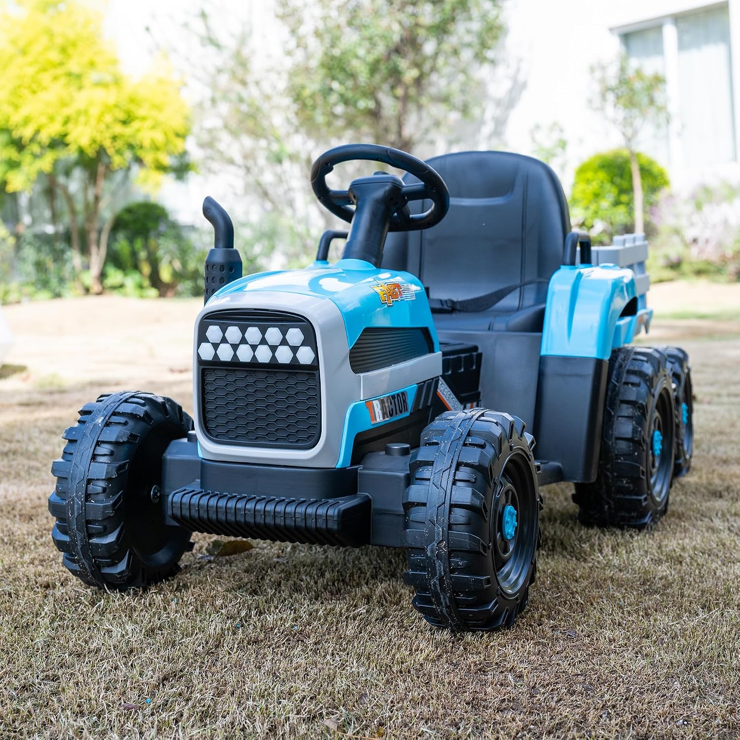 24V Kids Ride On Tractor with Trailer, 400W Motor 6-Wheel Electric Farm Truck, Parent Remote, Bluetooth, Soft Start, 3-Speed, Battery Powered Toy Gift for Boys, Blue