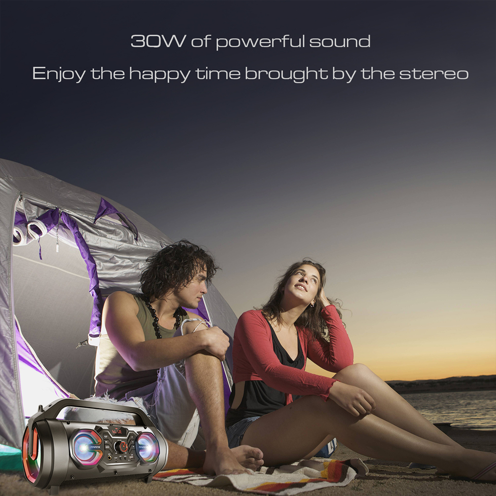 TENMIYA Bluetooth Lautsprecher, 30W Musikbox Bluetooth mit Subwoofer, FM Radio, RGB Licht. 10h Akku Outdoor Boombox für Party