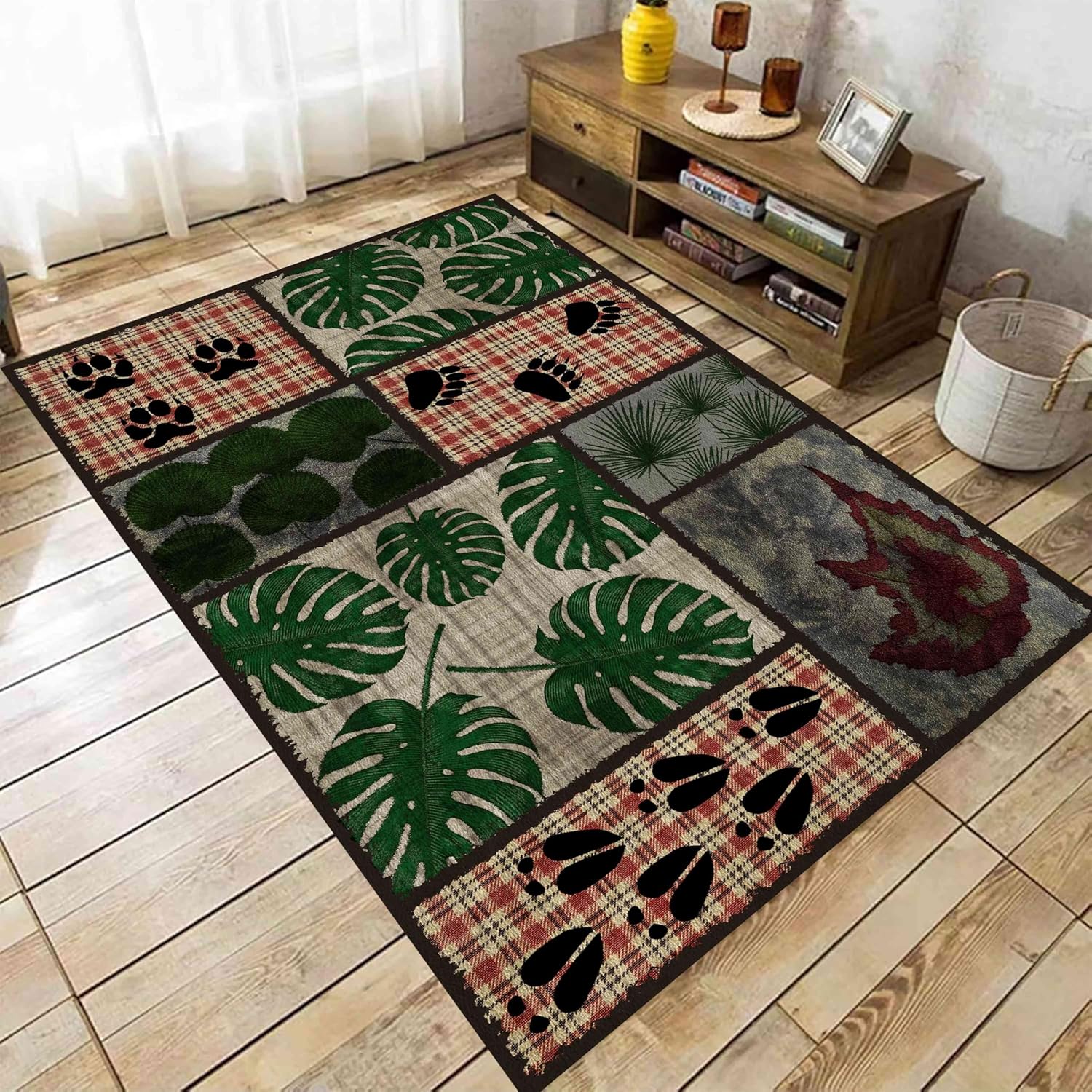 Southwestern Brown Bear Area Rug, 3x5ft, Rustic Bear Paw Forest Rugs Pinecone Edge Farmhouse Floor Mat Non-Slip Washable Area Rugs for Cabin Entryway Living Room Laundry