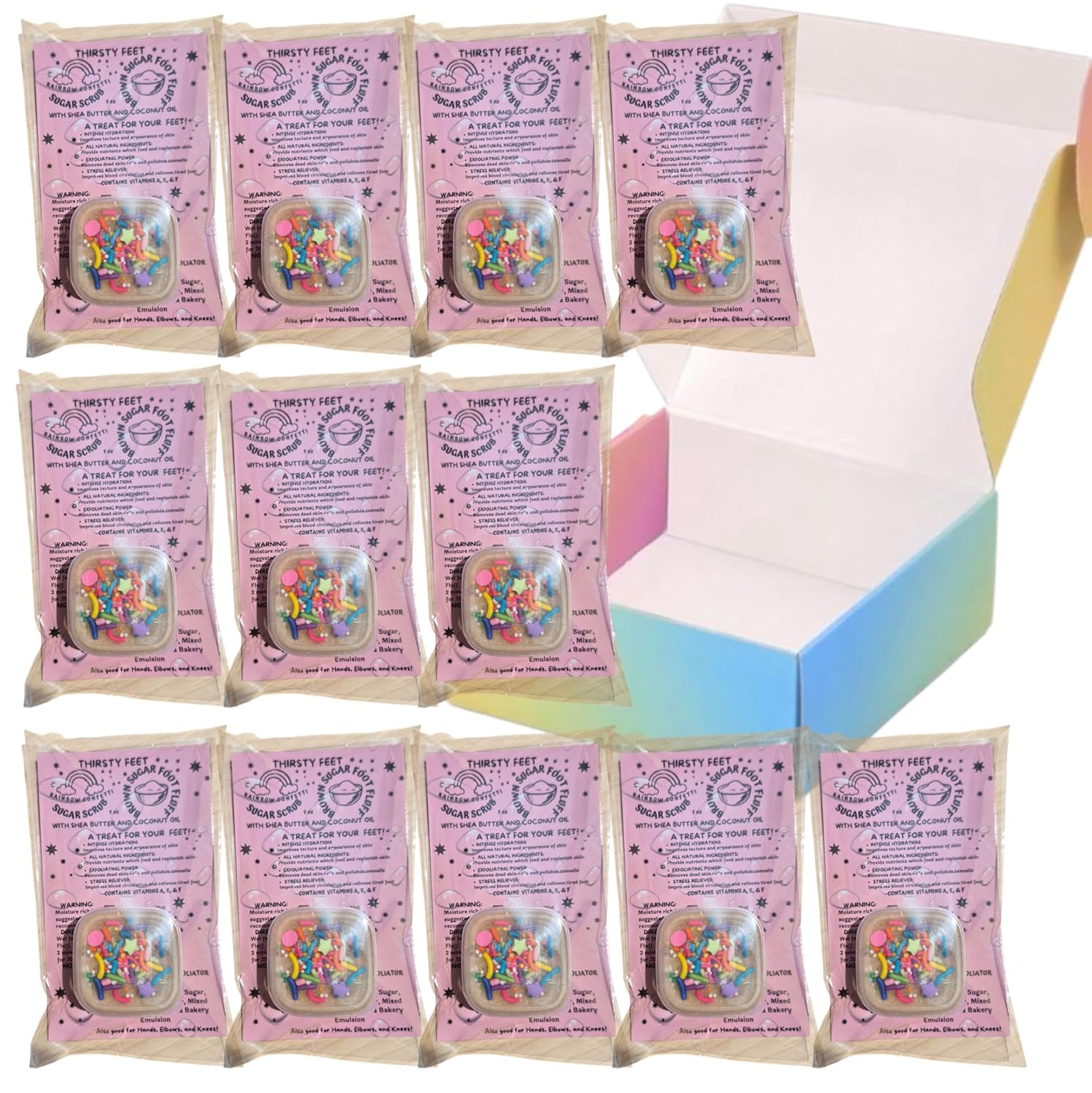 Rainbow Confetti Brown Sugar 12 Count, Natural Foot Scrub for Dry Skin, Moisurizing Body Scrub, Hypoallergenic Exfoliant, Nourishing with Vitamins A, E, & F, For Men, Women, Girls, Boys, Spa, Bath