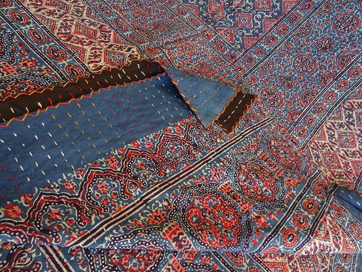 Sophia-Art - Quilt/Blanket/Bedspread, Blue, Red, Ajrakh Traditional, Kantha, Twin Size, Dry Clean, Machine Wash