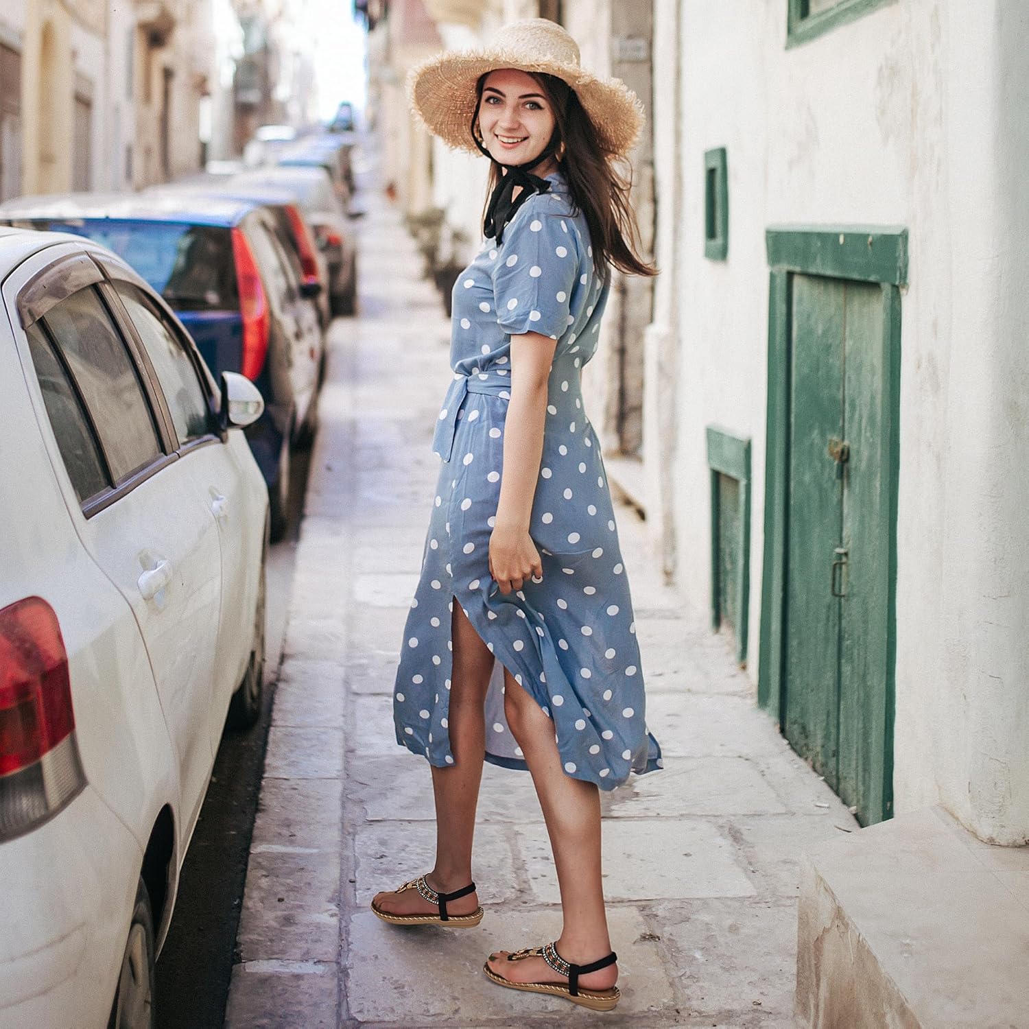 Sandals Women Dressy Flats: Bohemian Flat Sandals for Women Comfortable Summer Casual Flip Flops Elastic Ankle Strap Black 8 image 6 of 7 B0CTCFBC72