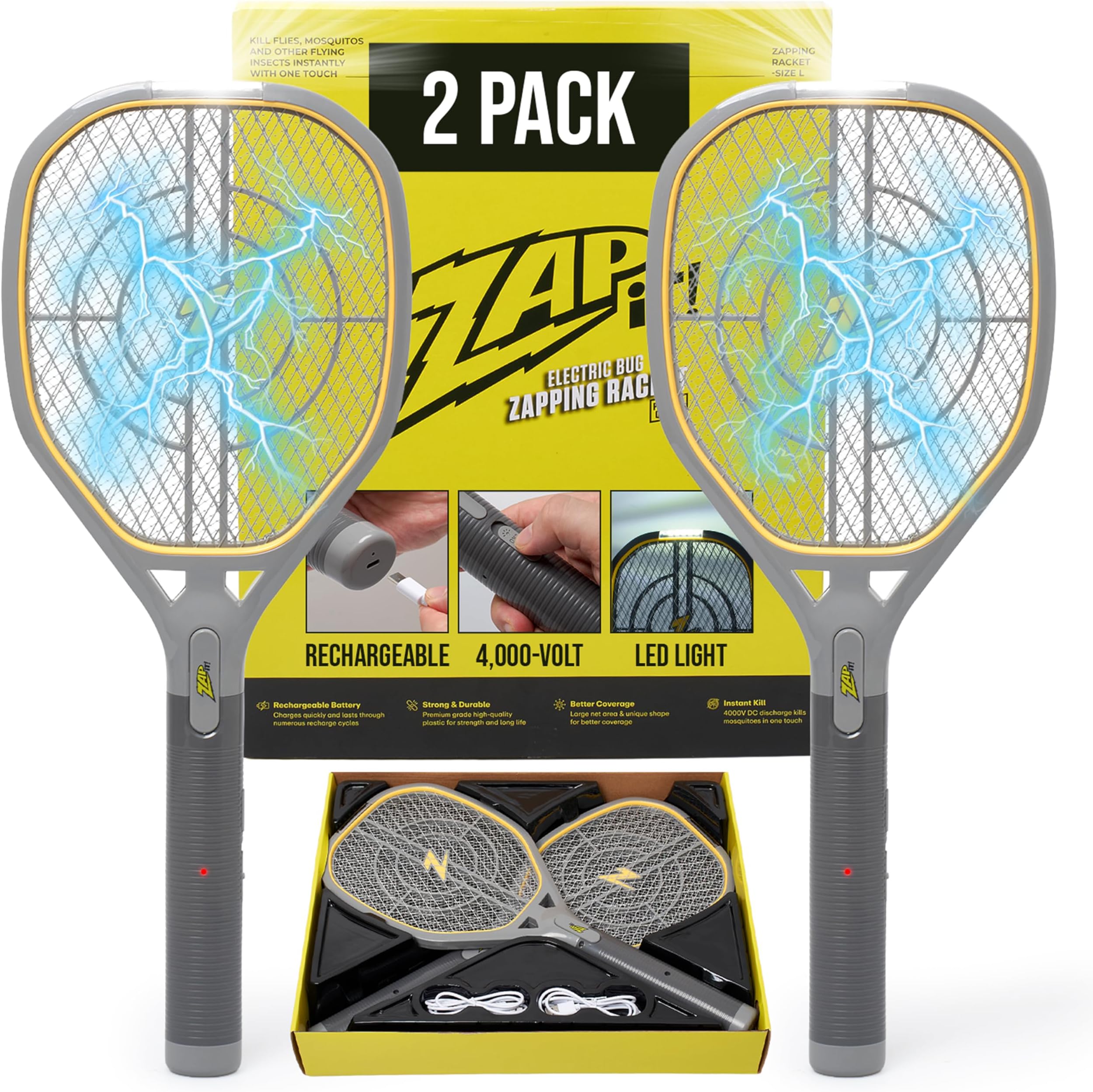 ZAP iT! 4,000 Volt Electric Handheld Bug Zapper Swatter - USB Rechargeable Indoor Safe Mosquito & Fly Killer - 2 Pack (Large, Yellow)