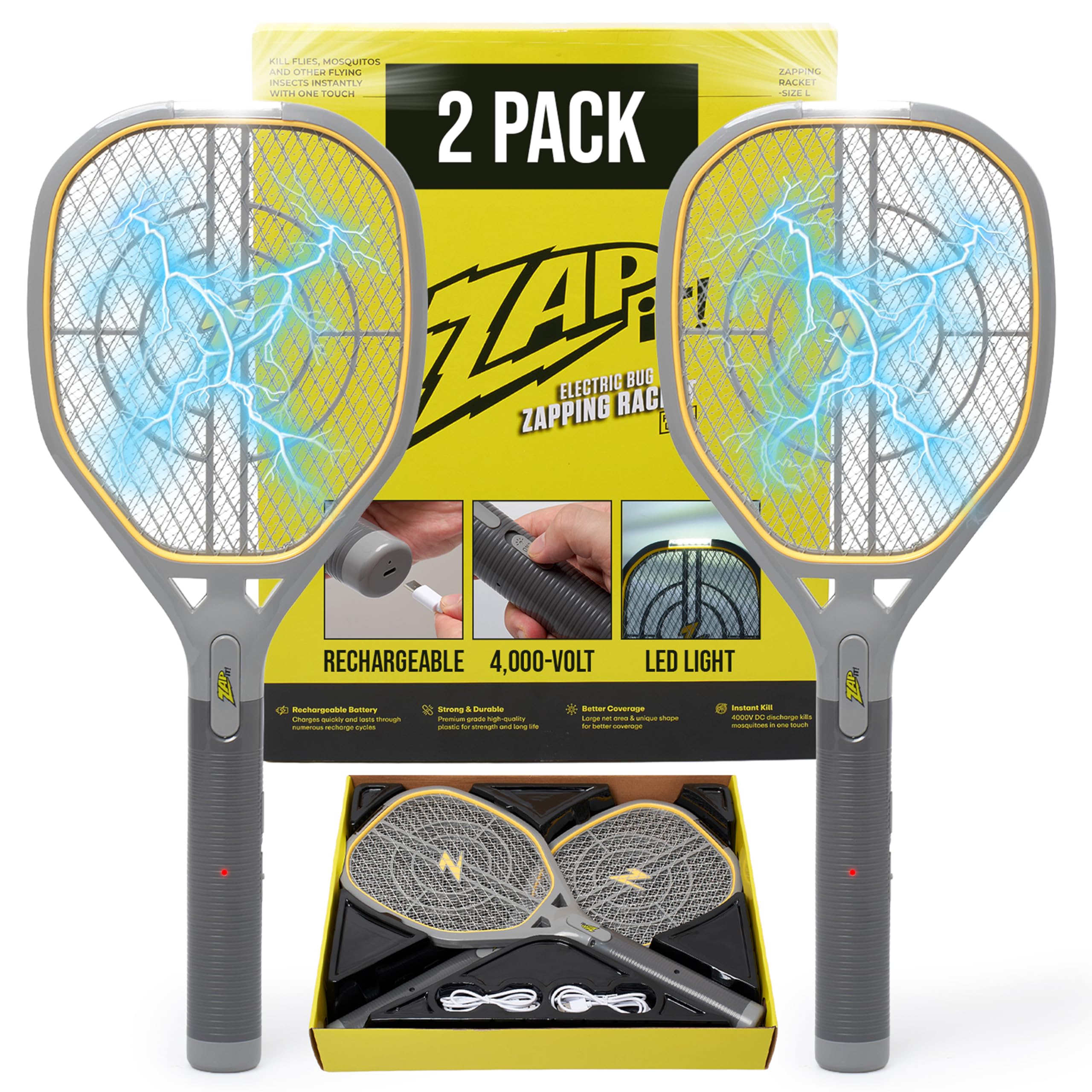 ZAP iT! 4,000 Volt Electric Handheld Bug Zapper Swatter - USB Rechargeable Indoor Safe Mosquito & Fly Killer - 2 Pack (Large, Yellow)