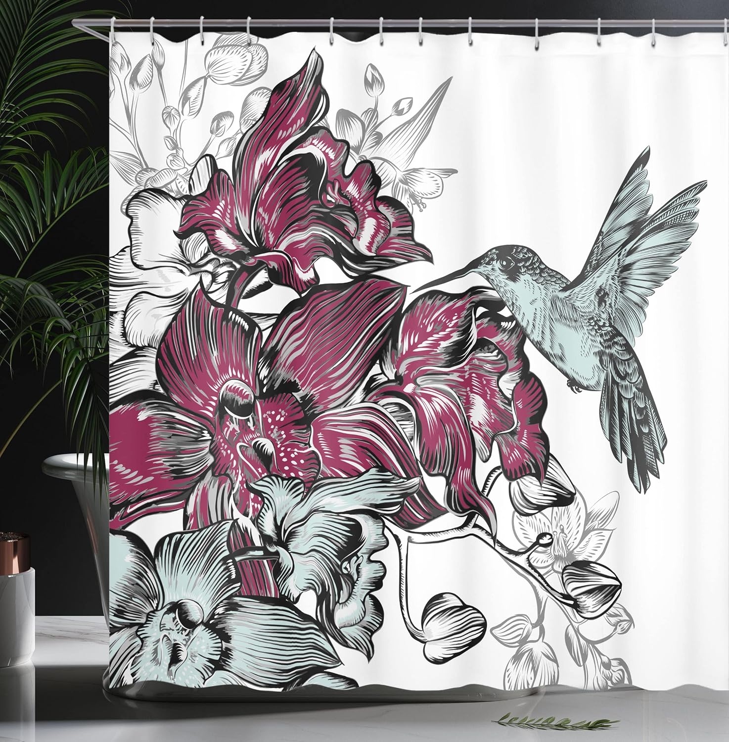 Ambesonne Hummingbird Shower Curtain, Orchid Flowers Bouquet and a Hummingbird Nature Wildlife Design Print, Cloth Fabric Bathroom Decor Set with Hooks, 69" W x 75" L, Burgundy
