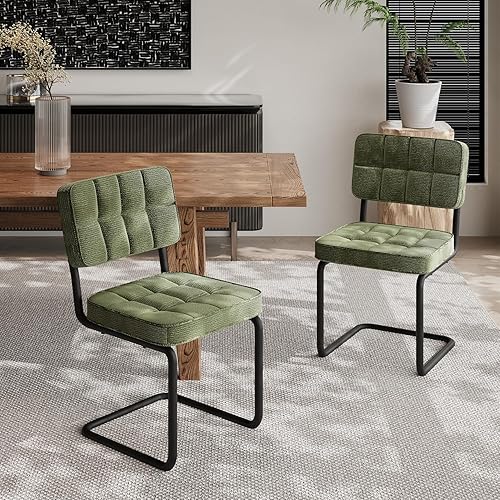 Miniatura 3 de Juego de 4 sillas de comedor modernas en voladizo de color verde, silla lateral de mediados de siglo, respaldo sin brazos, asiento tapizado, base de