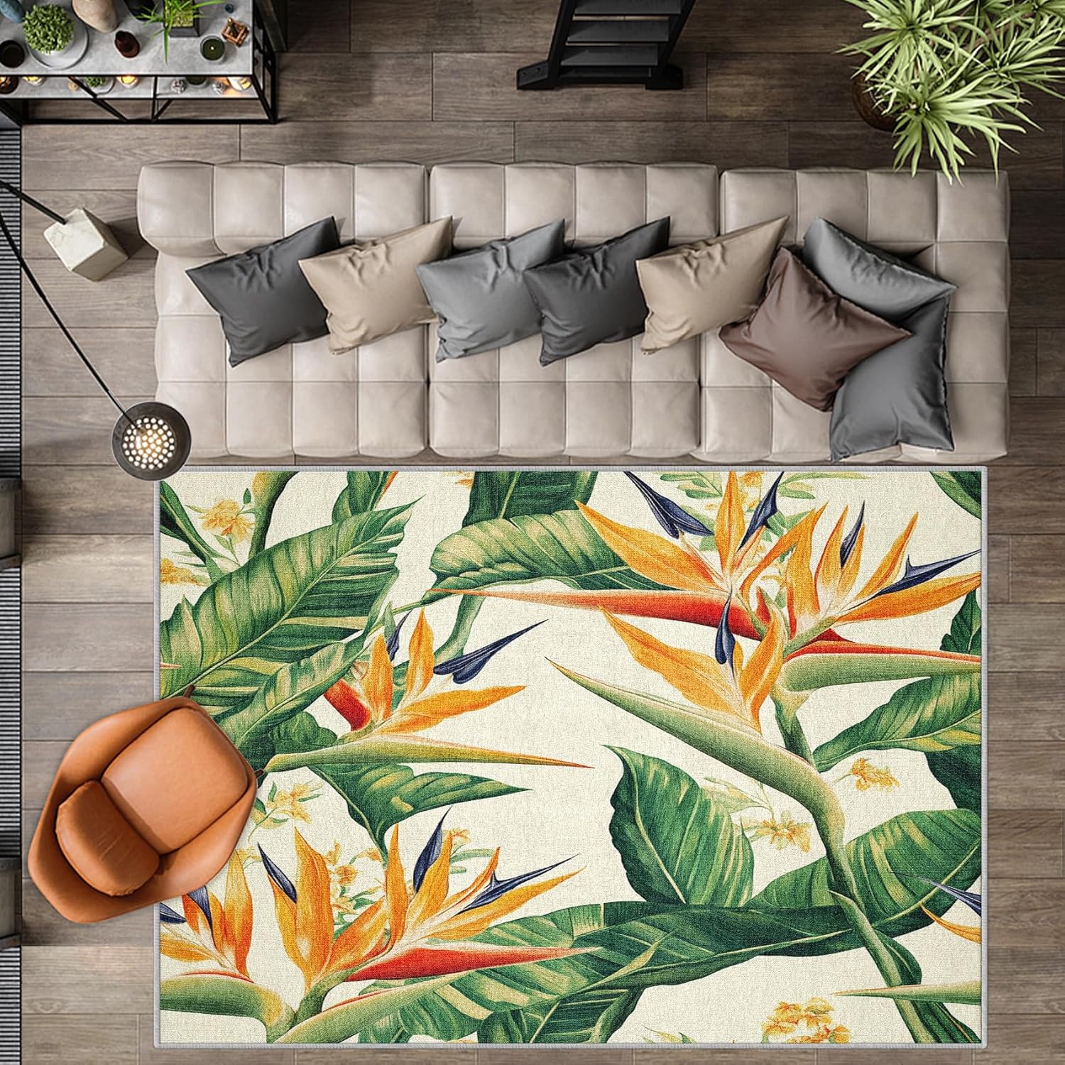 Bird of Paradise Washable Area Rug 2x3, Tropical Floral Small Rugs for Indoor Entryway, Jungle Plants Print Door Mat for Bedroom Kitchen Entry Home Decor, Low Plie Non Slip