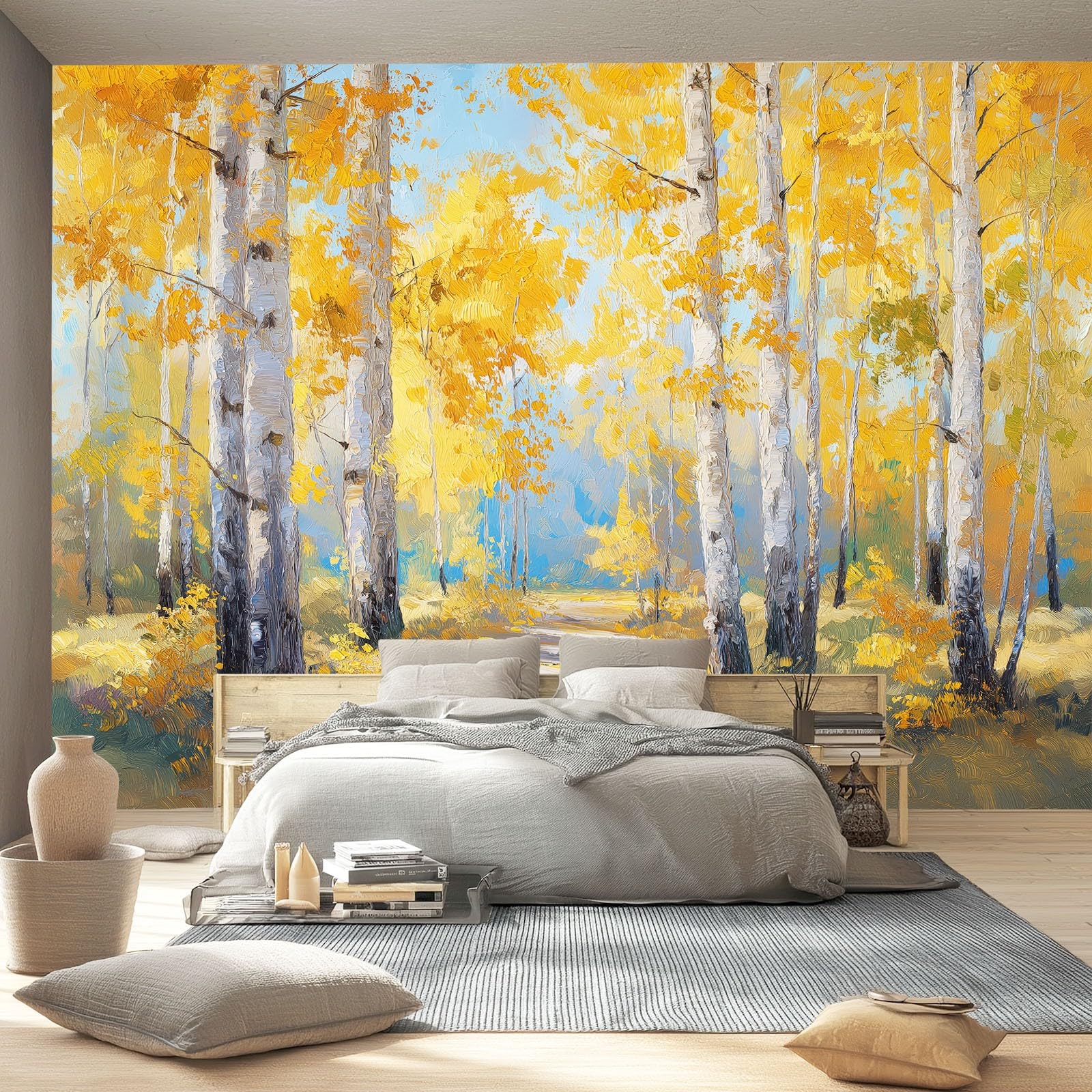 Fototapeta naturalna żółta brzozowa las ścieżka tapeta z włókniny dekoracja salonu sypialni biura 300 x 210 cm