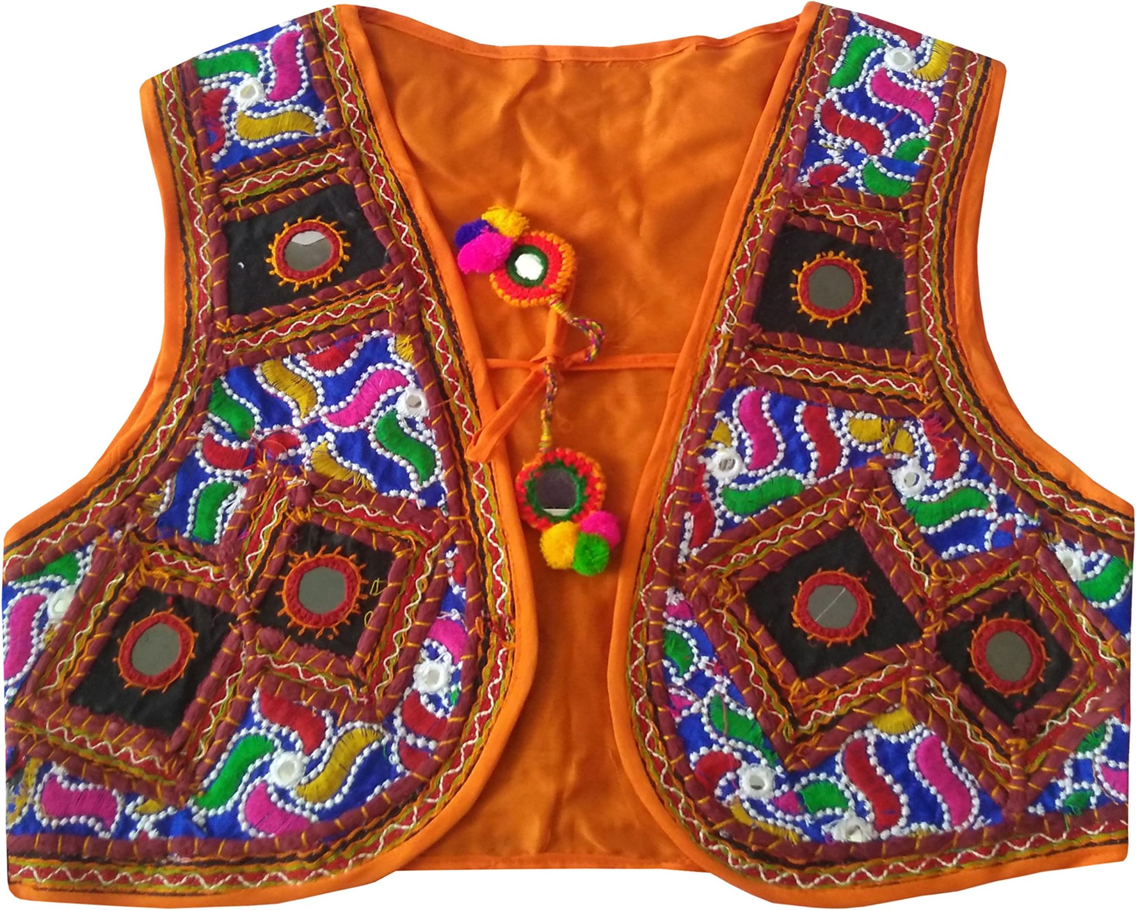 Orange Original Mirror Work Vest - Banjara Style Jacket - Kutch Hand Embroidery Vest - Ladies Koti