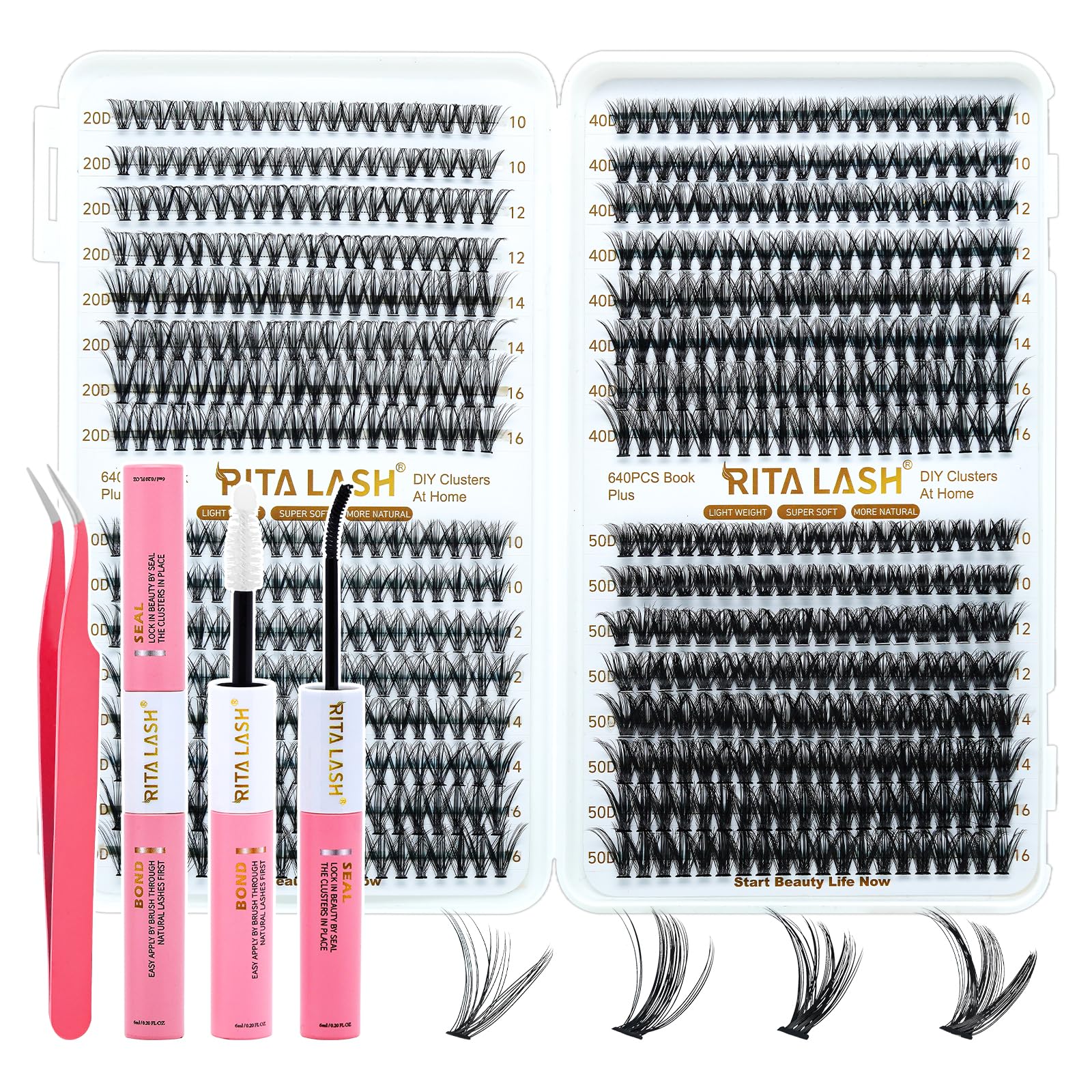 RITALASH Lash Extension Kit 20D+30D+40D+50D DIY Lash Clusters 640pcs Cluster Lashes Individual Lashes Eyelash Extension Kit with Lash Bond and Seal,