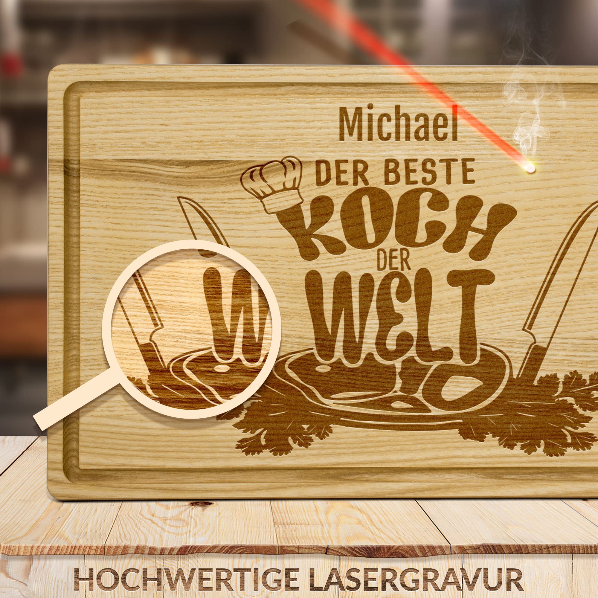 PR Print Royal Großes Holzbrett mit Gravur - Schneidebrett personalisiert - Bester Koch - Geschenke für Hobbyköche zum Geburtstag | Eschenholz, 40 x 25 x 2 cm, personalisiertes Geschenk mit Gravur